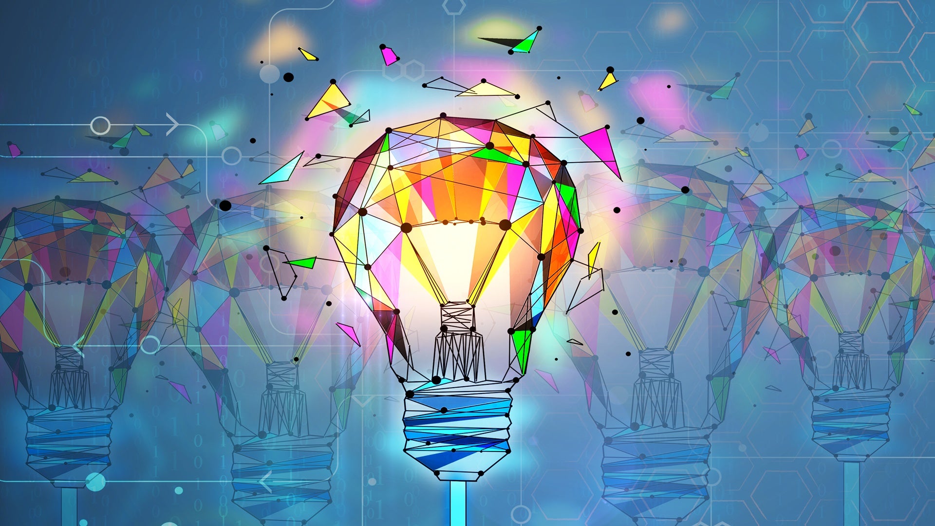 Abstract creative polygonal colorful light bulb background. Innovation and creativity concept. 3D Rendering