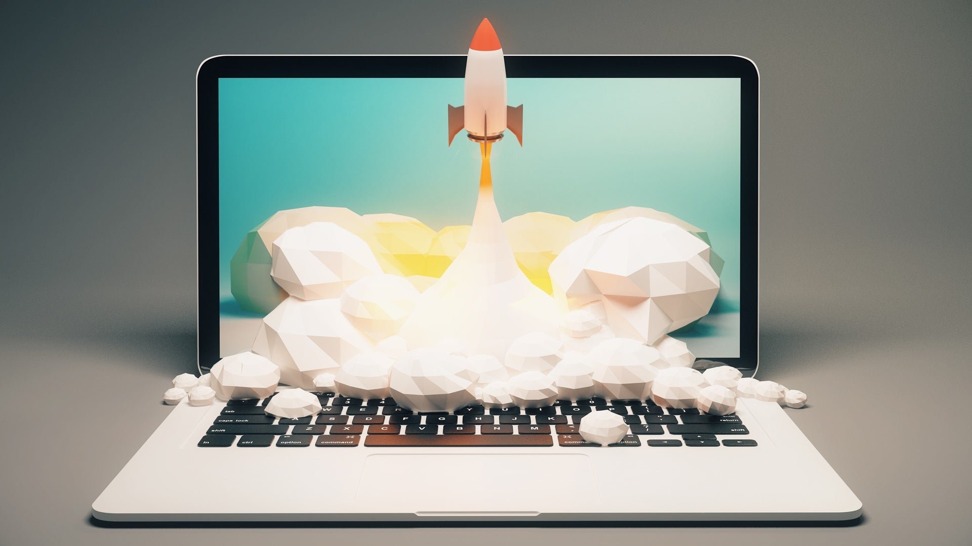 Startup concept with rocket flying out of laptop screen on grey background. 3D Rendering
