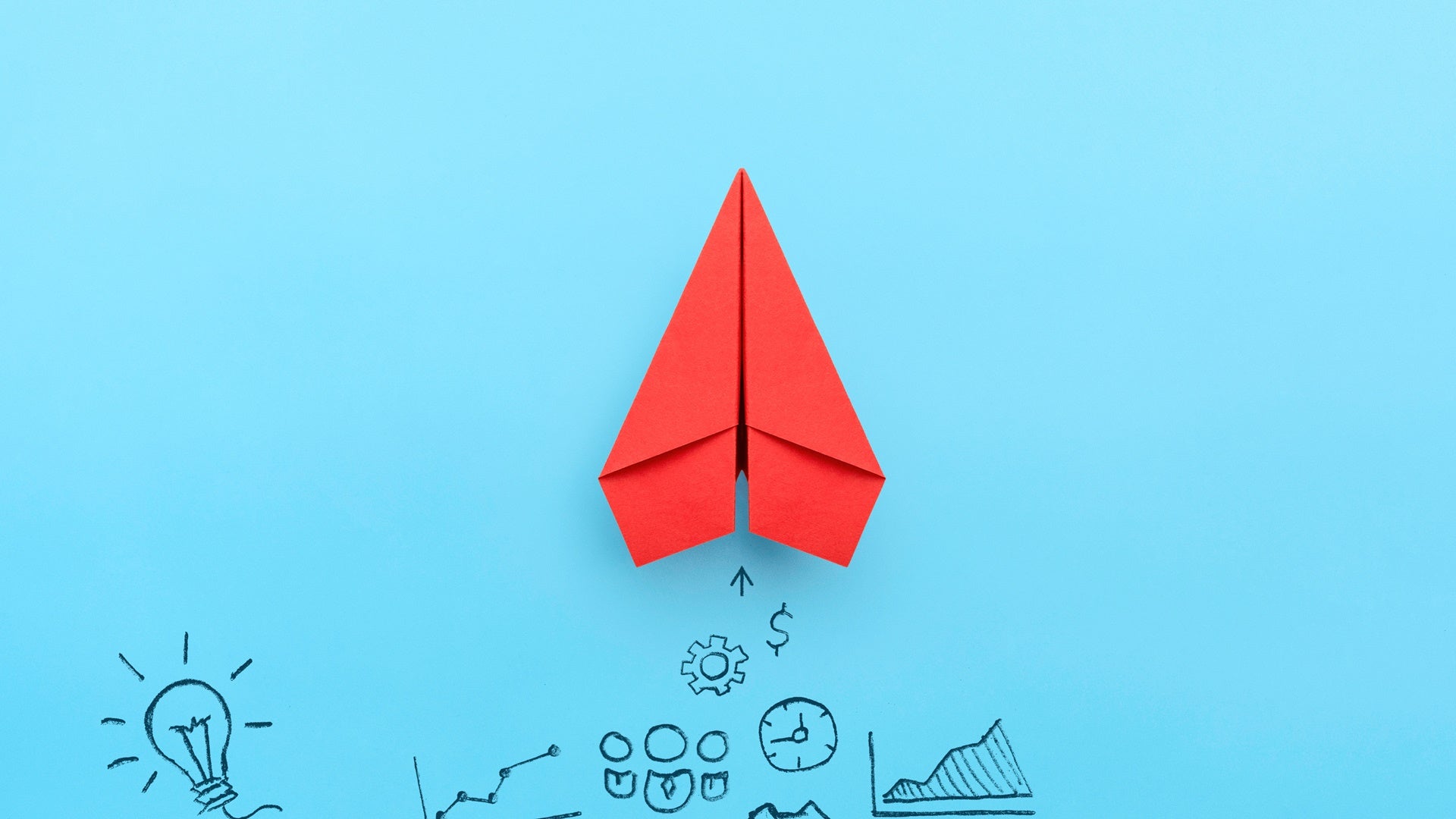 Red paper plane and business strategy on blue background, Business success, innovation and solution concept
