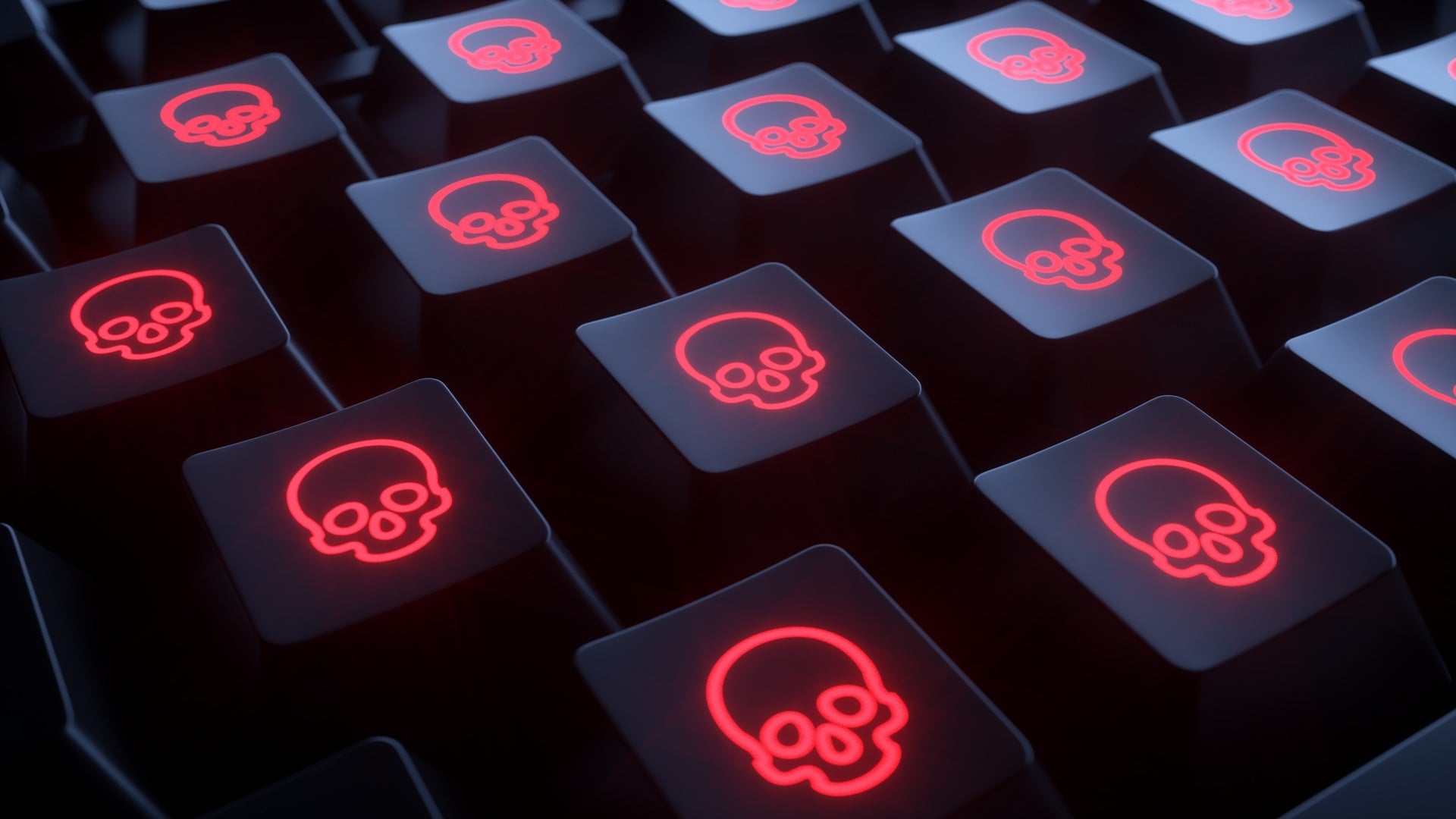Closeup keyboard with skulls. Infected computer.