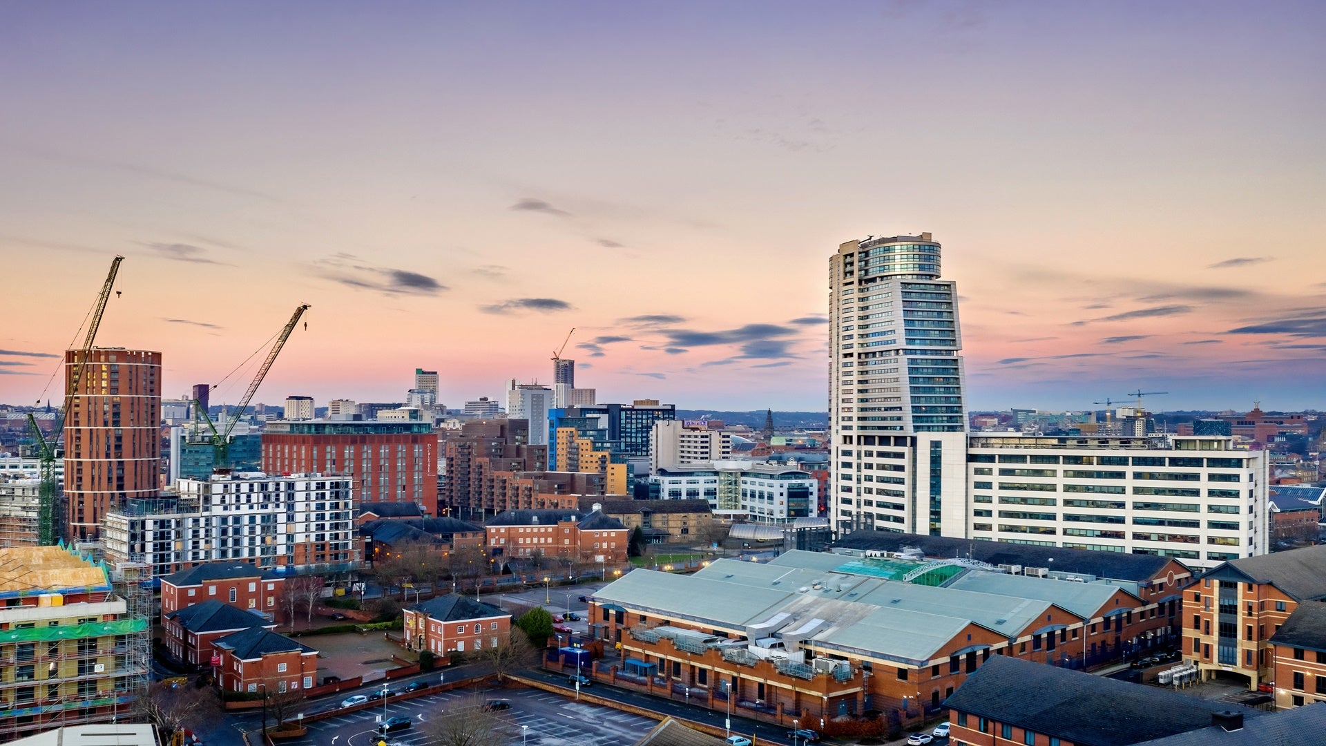 Bridgewater Place and Leeds City Centre aerial view at sunset. Y
