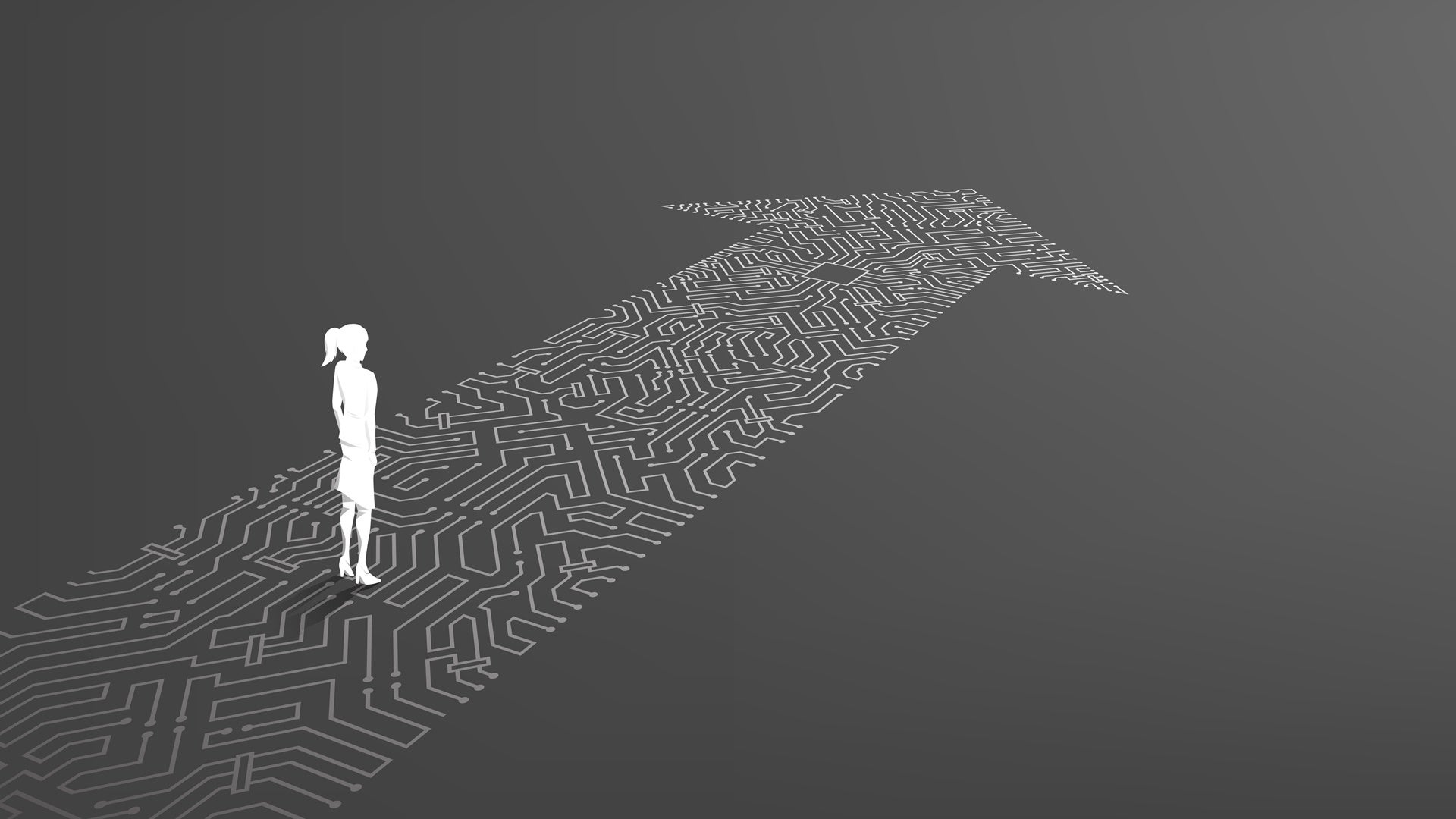 Silhouette of businesswoman standing on the arrow dot connect circuit board style. concept of digital transformation of business.